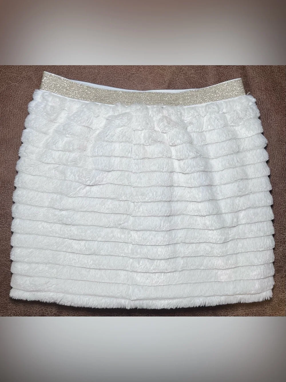 Girls White Faux Fur Lined Mini Skirt Gold Glitter Elastic Waist Pull-On 6X